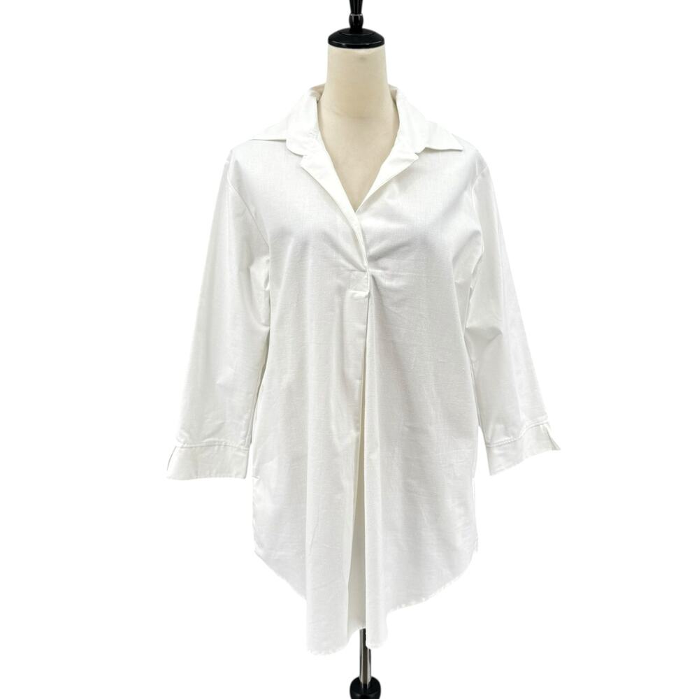 Red Land Cotton White Woven V-neck Collared 3/4 Sleeve Tunic Shirt W Pockets